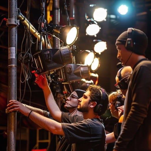 Bühnentechnik mit Kopfhörern richten die Scheinwerfer einer Theaterbühne aus.